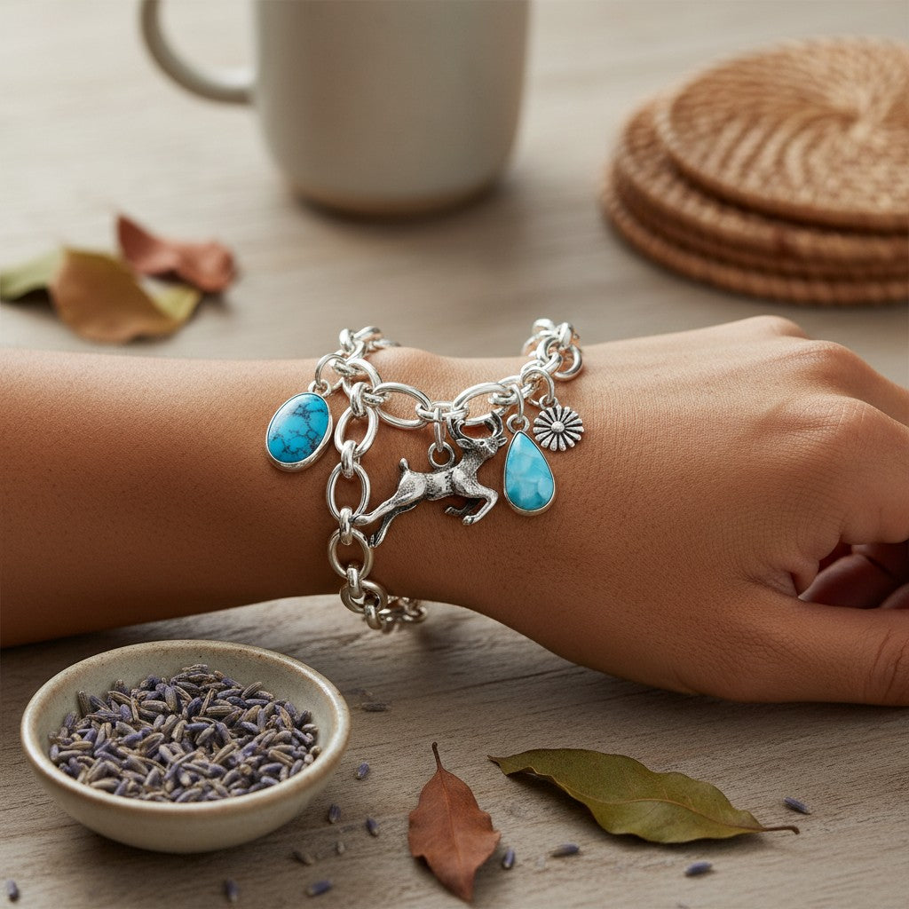 Wildflower Artisans sterling silver charm bracelet featuring a leaping elk, turquoise stones, and floral charms.