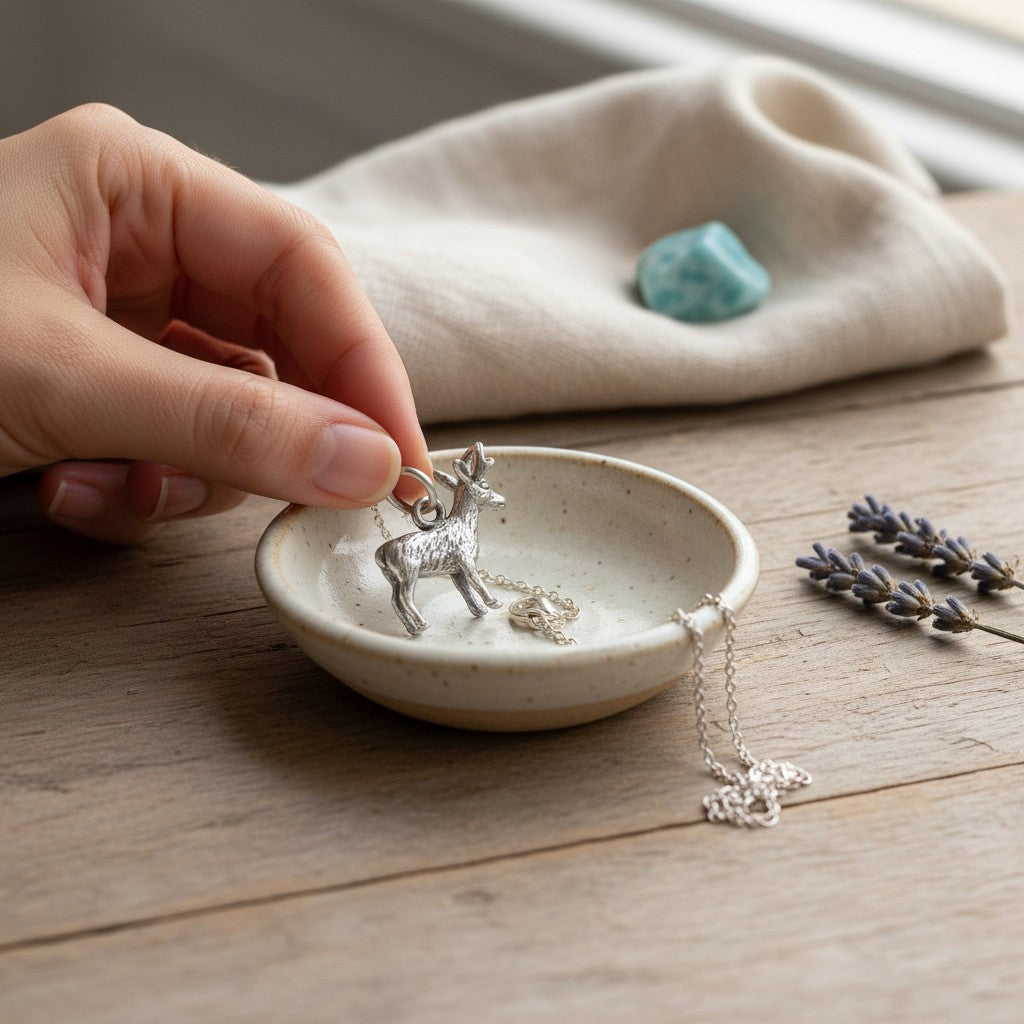 Wildflower Artisans vintage sterling silver standing elk charm held over a small ceramic dish on a wooden table
