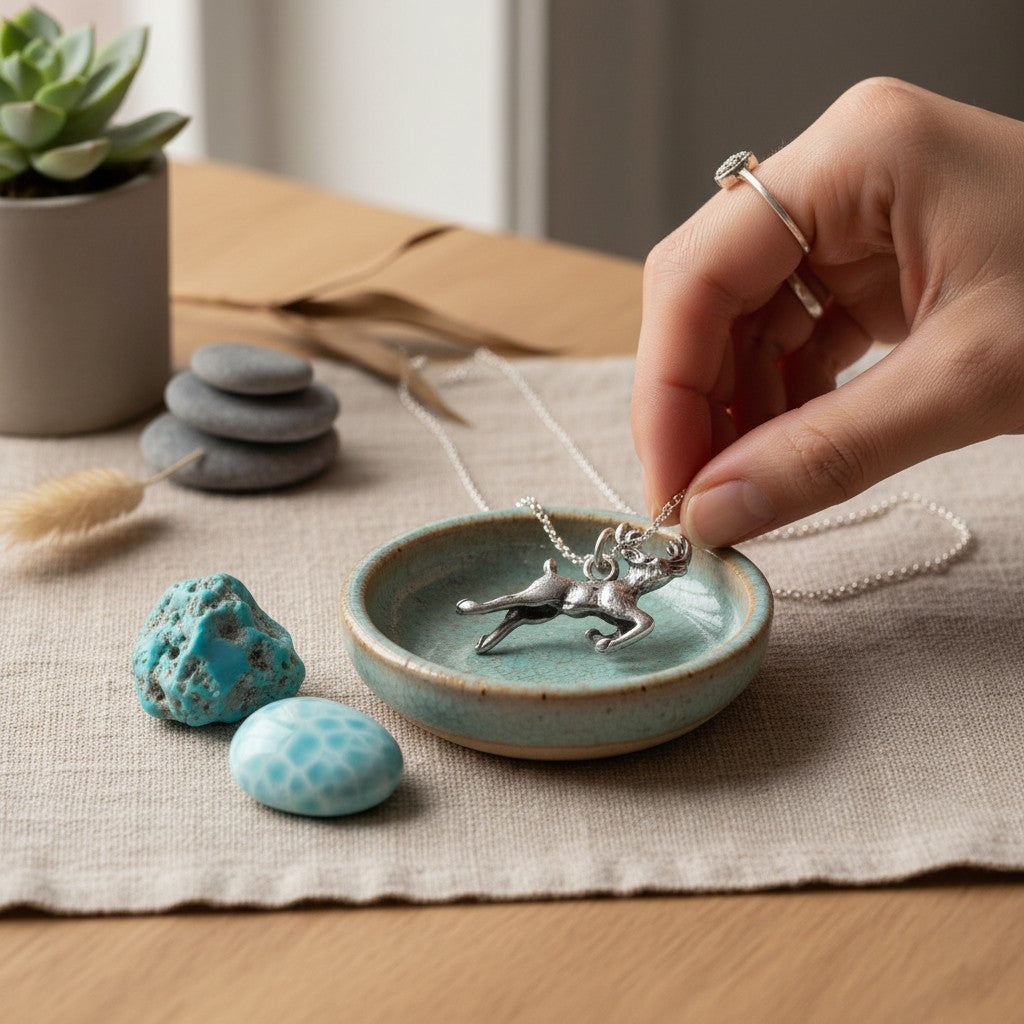 Wildflower Artisans sterling silver leaping elk charm on a necklace, displayed in a small ceramic bowl with turquoise.
