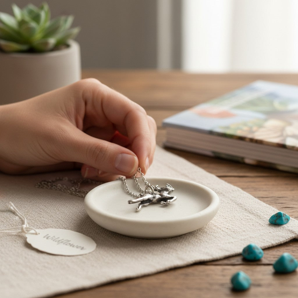 Wildflower Artisans vintage sterling silver leaping elk charm on a small white dish held by a hand