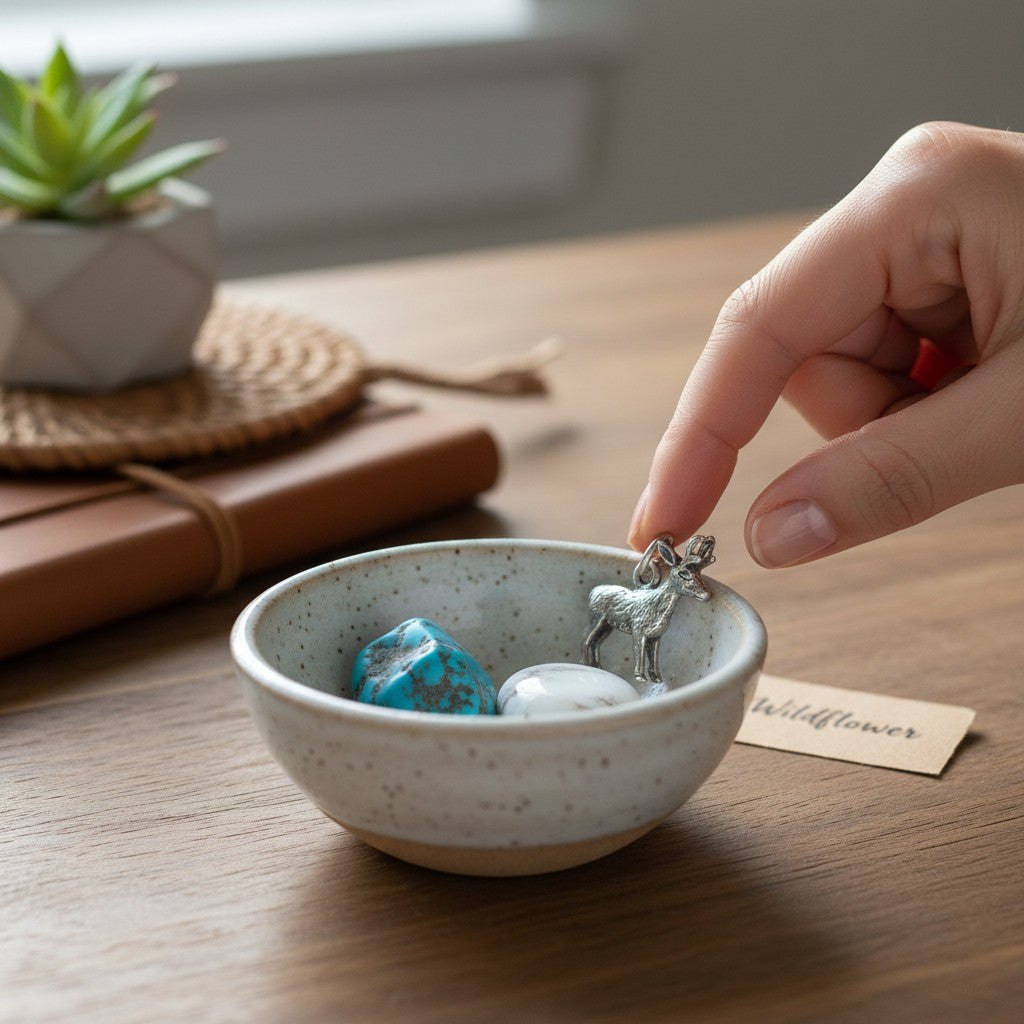 Wildflower Artisans vintage sterling silver standing elk charm held by a hand over a small speckled ceramic bowl.