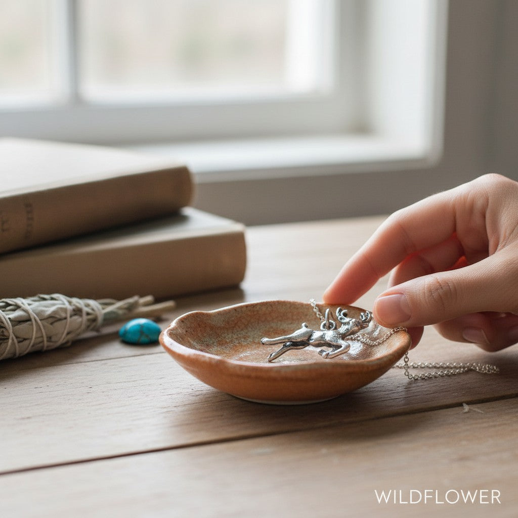 Wildflower Artisans sterling silver leaping elk charm on a chain held over a small ceramic dish on a wooden table