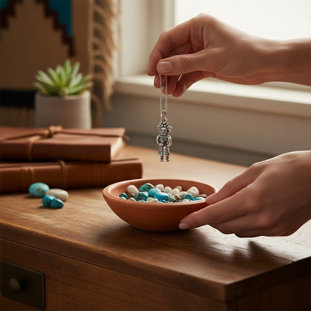 Wildflower Artisans vintage sterling silver Maisel's standing figure charm held above a bowl of turquoise stones.
