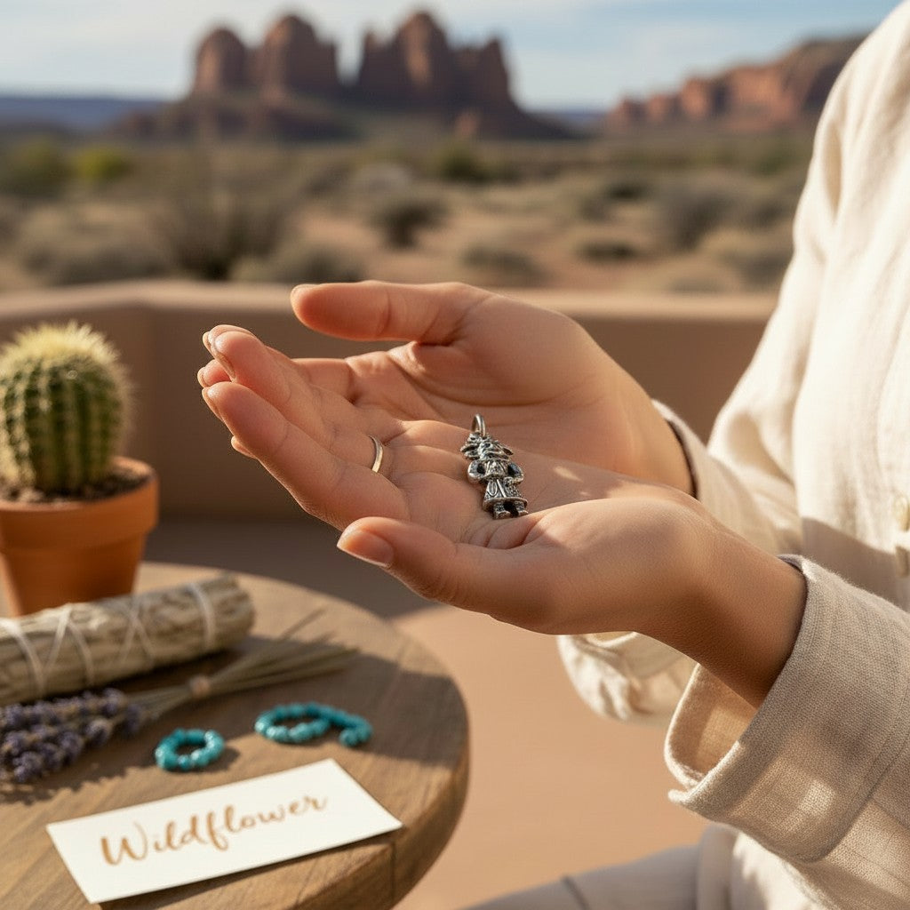 Wildflower Artisans vintage sterling silver Maisel's standing figure charm held in hands against a desert backdrop.