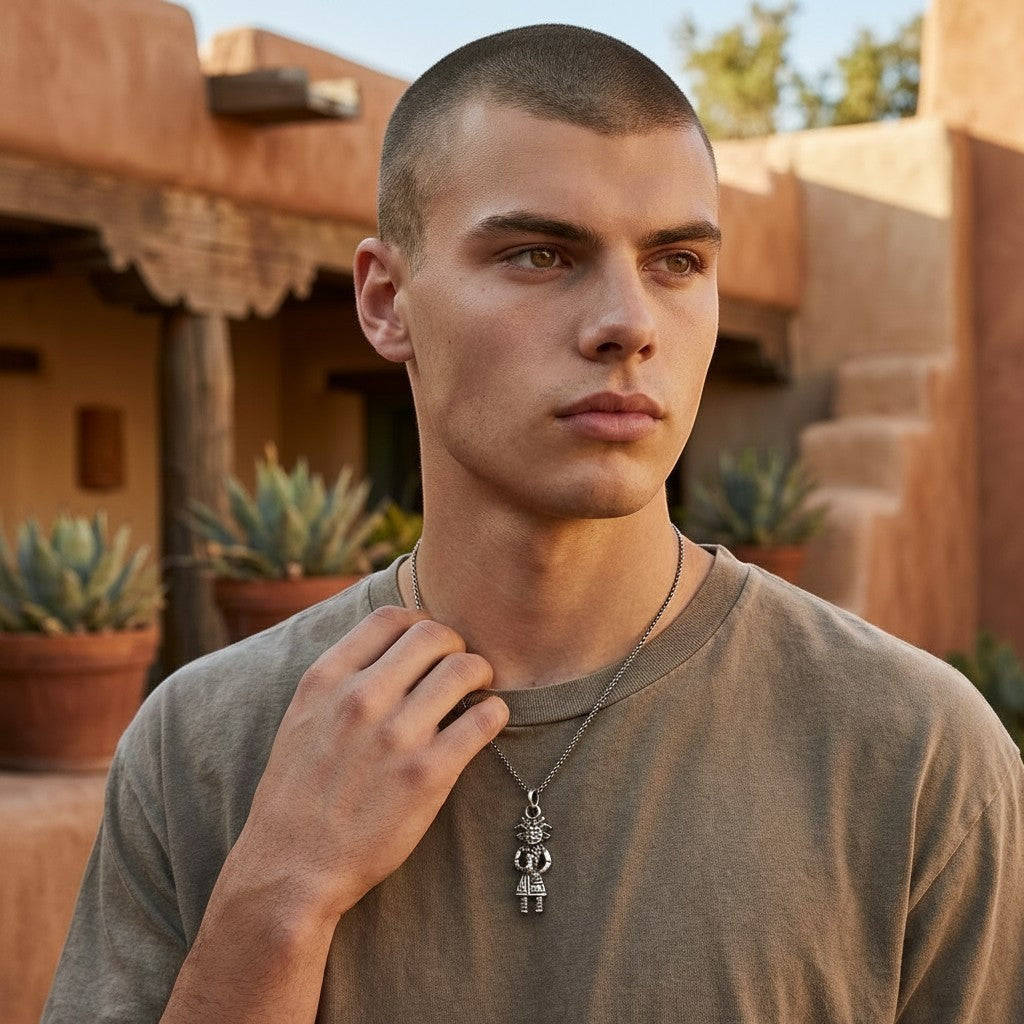 Wildflower Artisans sterling silver standing figure charm necklace worn by a man in a desert setting