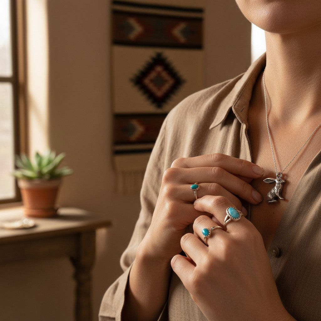 Wildflower Artisans vintage sterling silver jackrabbit charm necklace worn by a woman with turquoise rings