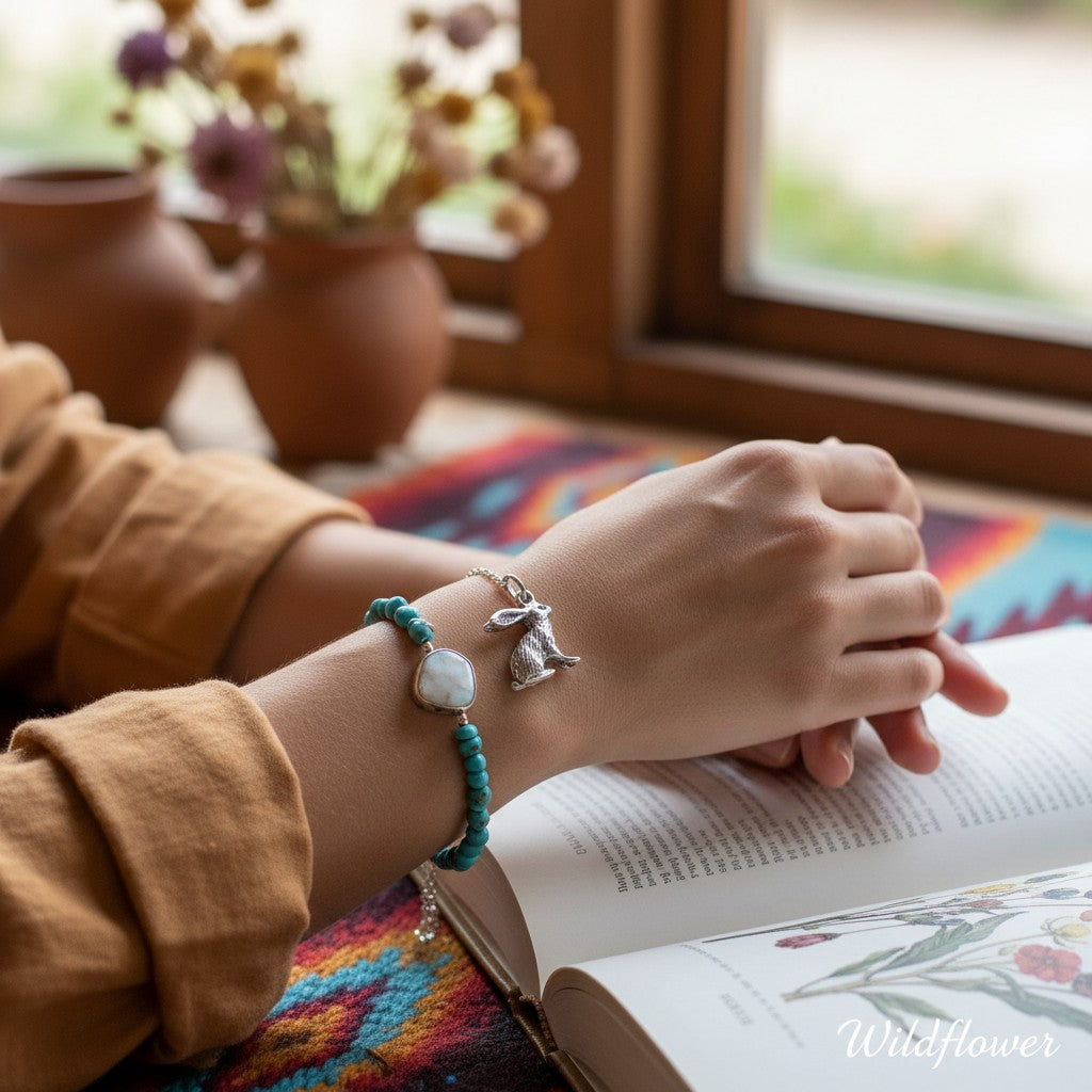 Wildflower Artisans vintage sterling silver jackrabbit charm worn on a turquoise beaded bracelet by a person reading