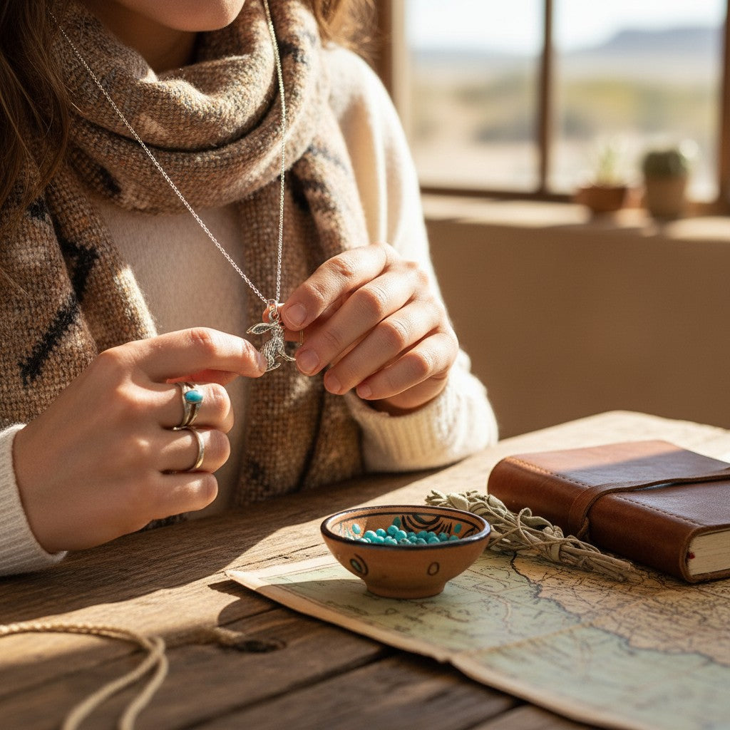 Wildflower Artisans vintage sterling silver jackrabbit charm on a necklace, held by a person in a cozy desert setting.
