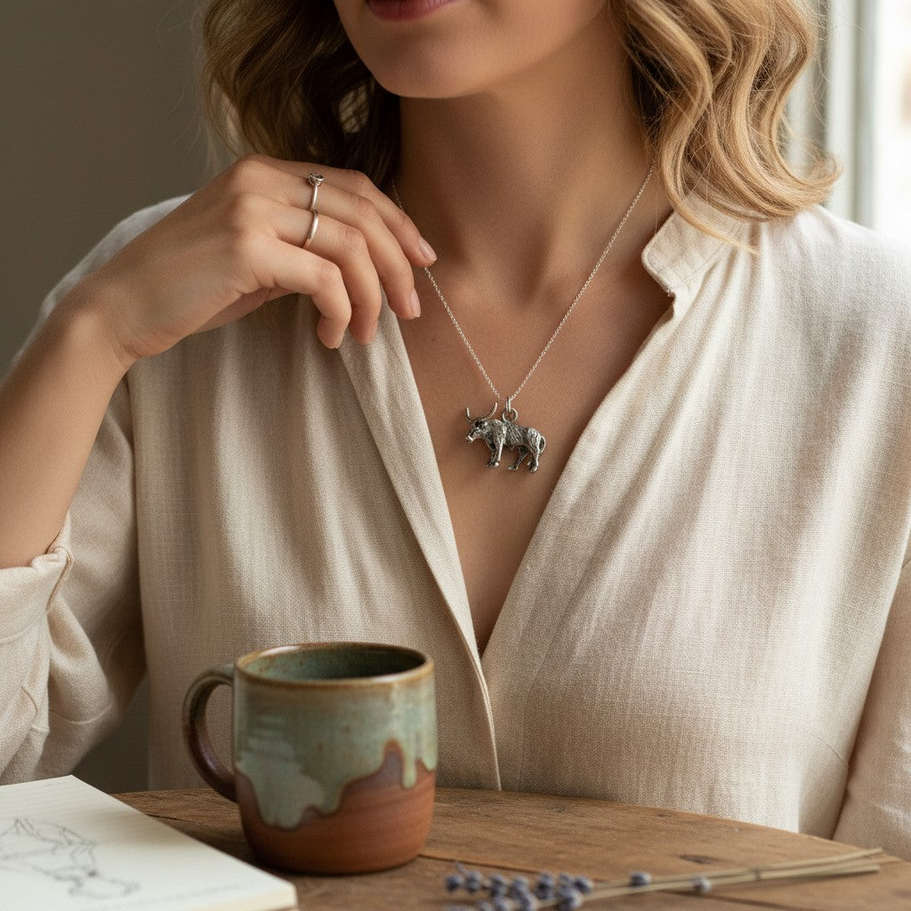 Wildflower Artisans sterling silver longhorn steer charm necklace worn by a woman in a cream linen shirt