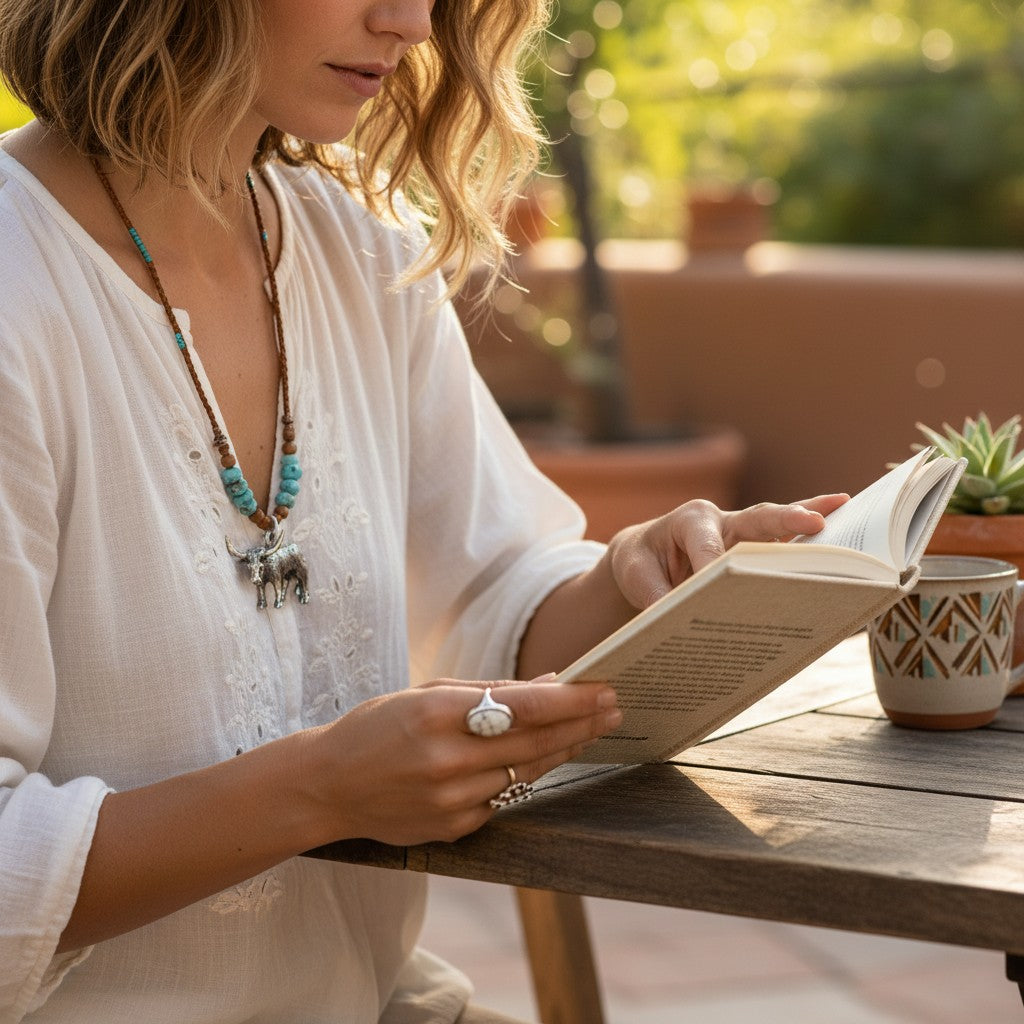 Wildflower Artisans vintage sterling silver longhorn charm on a turquoise and wood bead necklace worn by a woman.