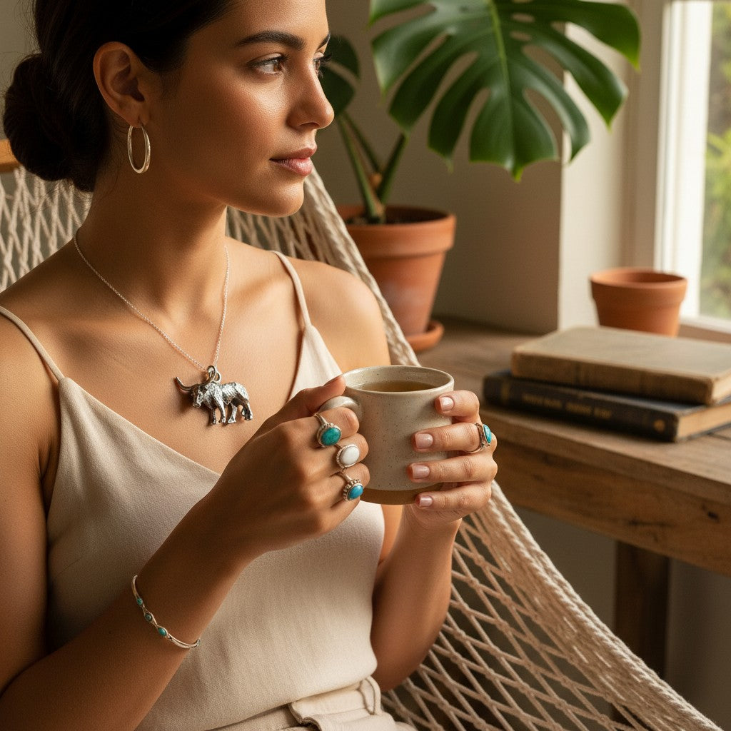 Wildflower Artisans sterling silver longhorn steer charm necklace worn by a woman holding a mug in a sunlit room.