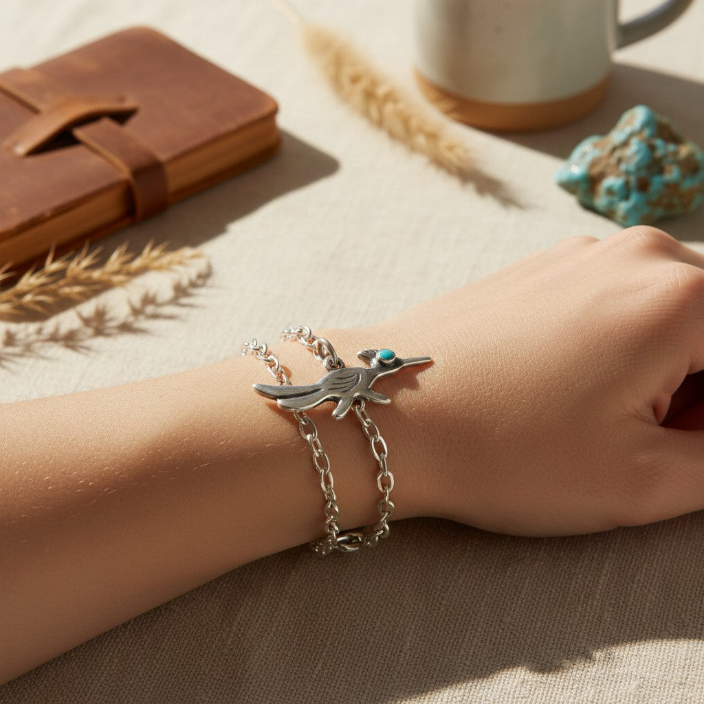 Wildflower Artisans sterling silver roadrunner charm bracelet with a turquoise eye on a wrist