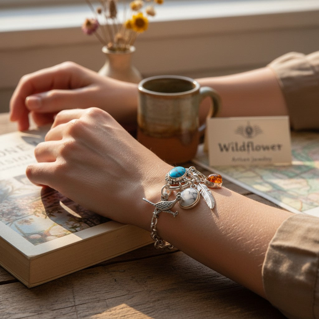 Wildflower Artisans sterling silver roadrunner charm on original Maisel's card with textured feather detailing.