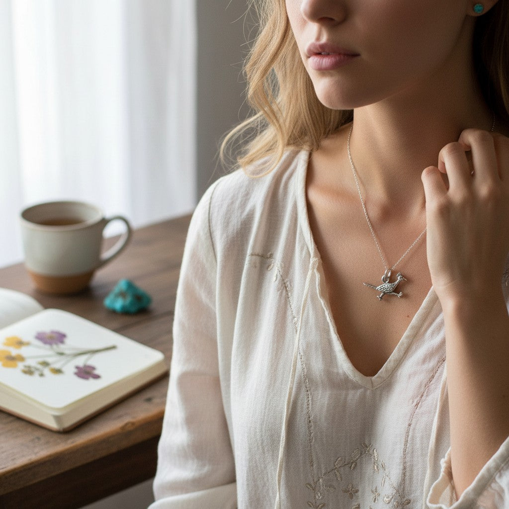 Wildflower Artisans vintage sterling silver roadrunner charm necklace worn by a woman in a white linen blouse.