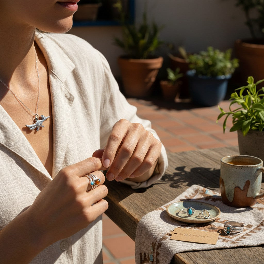 Wildflower Artisans vintage sterling silver roadrunner charm necklace worn by a woman sitting at a sunny outdoor table.