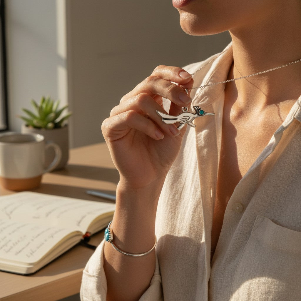 Wildflower Artisans vintage sterling silver roadrunner charm with a turquoise eye worn as a pendant on a necklace