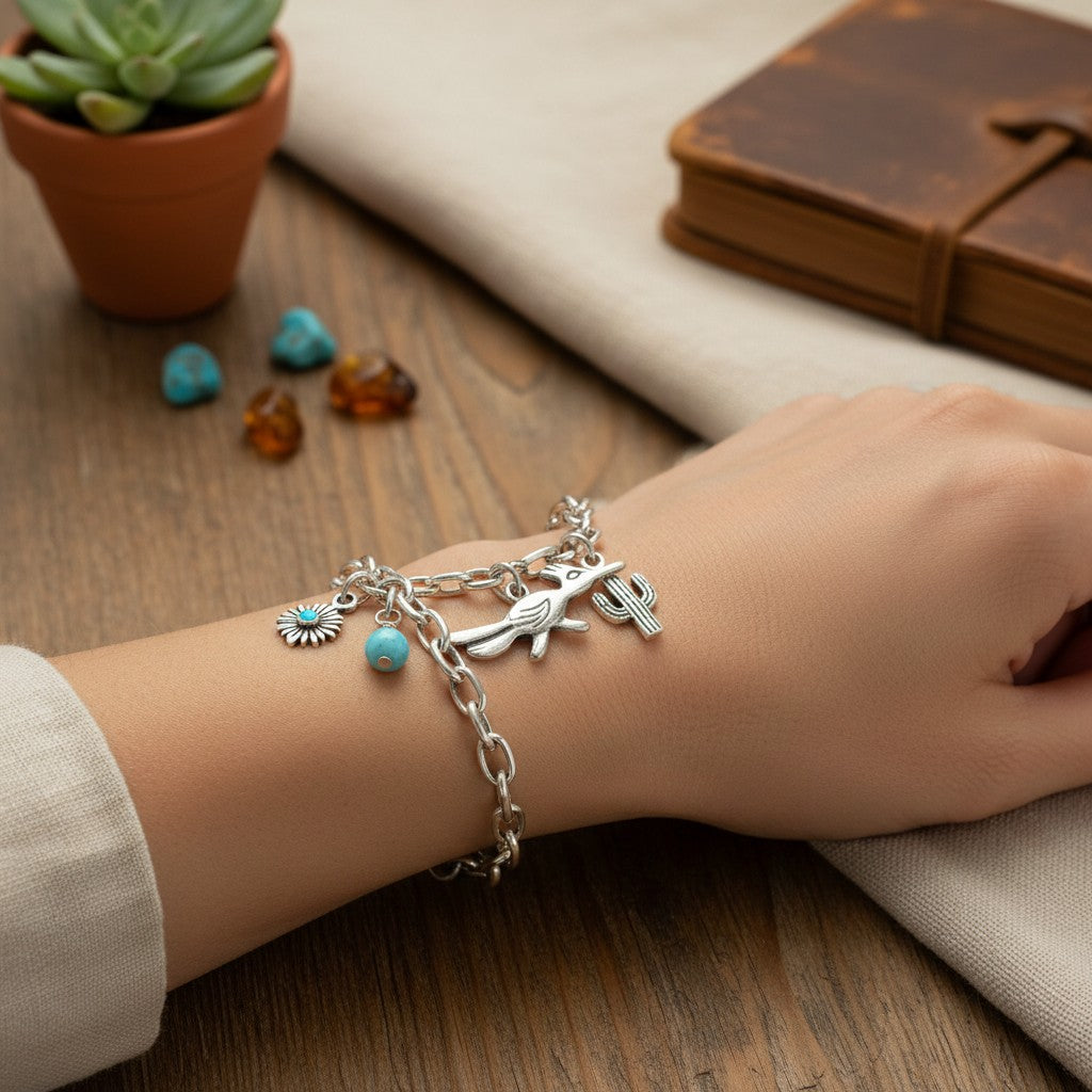 Wildflower Artisans sterling silver roadrunner charm on a bracelet with turquoise and cactus charms on a wrist