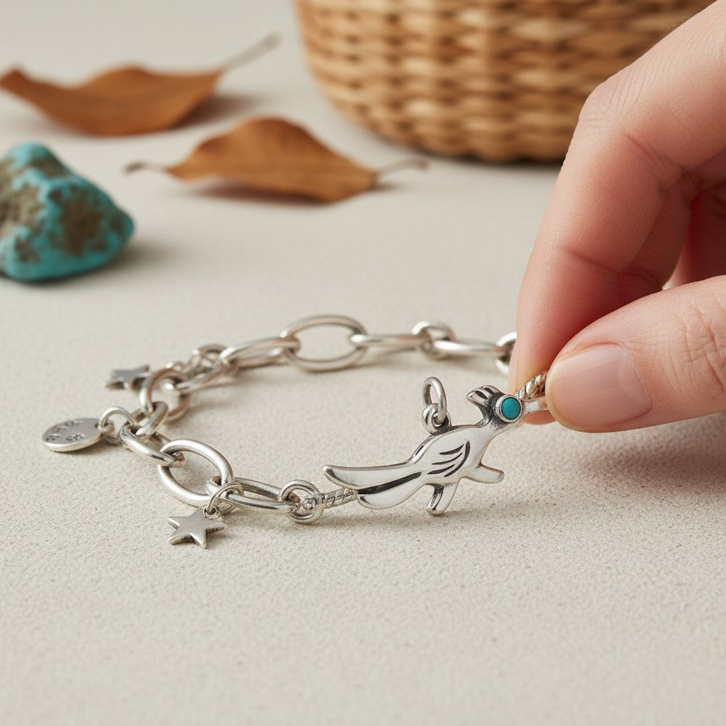 Wildflower Artisans sterling silver roadrunner charm with a turquoise eye attached to a silver link bracelet.