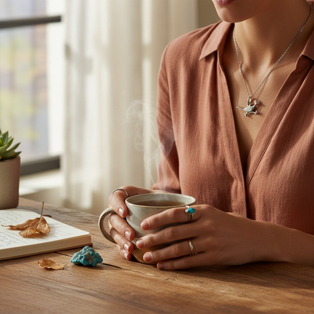 Wildflower Artisans vintage sterling silver roadrunner charm necklace worn by a woman holding a steaming mug