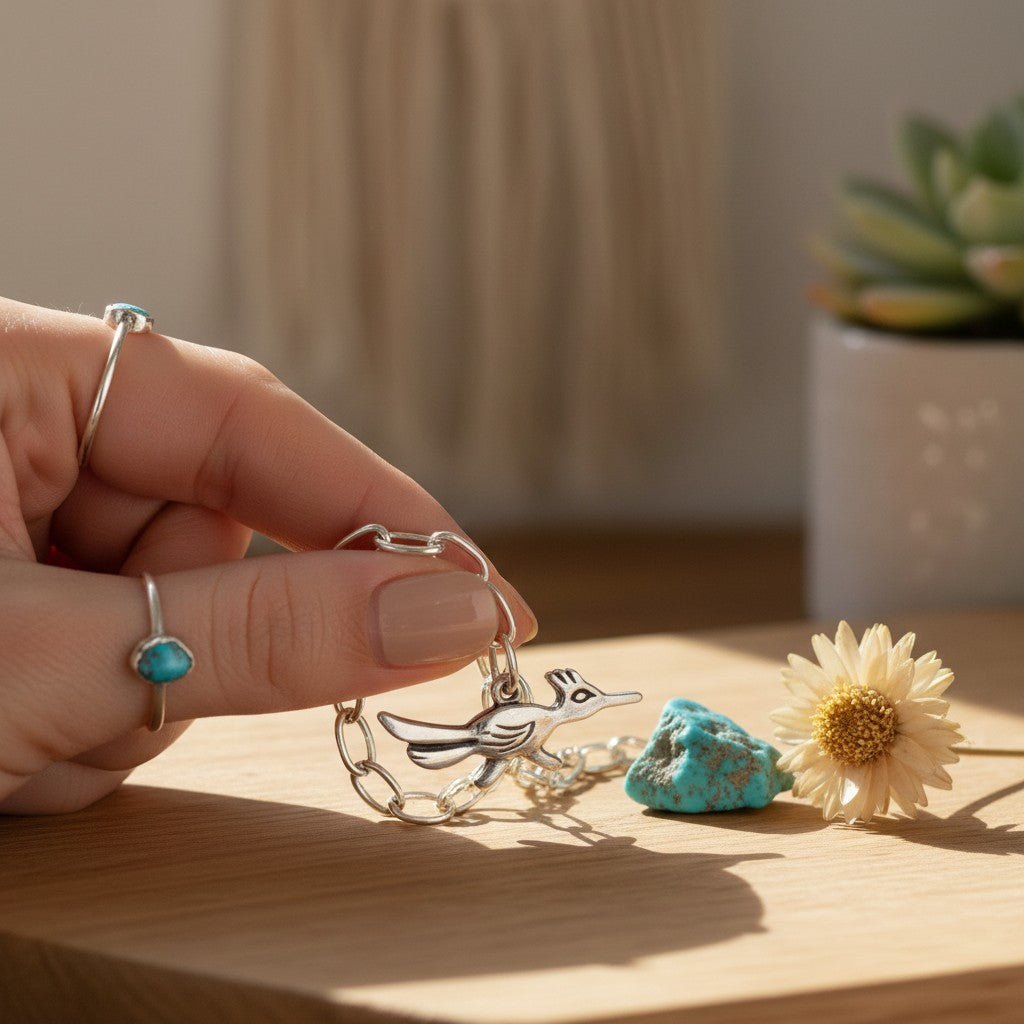 Wildflower Artisans vintage sterling silver roadrunner charm on original Maisel's card held by a hand with turquoise rings