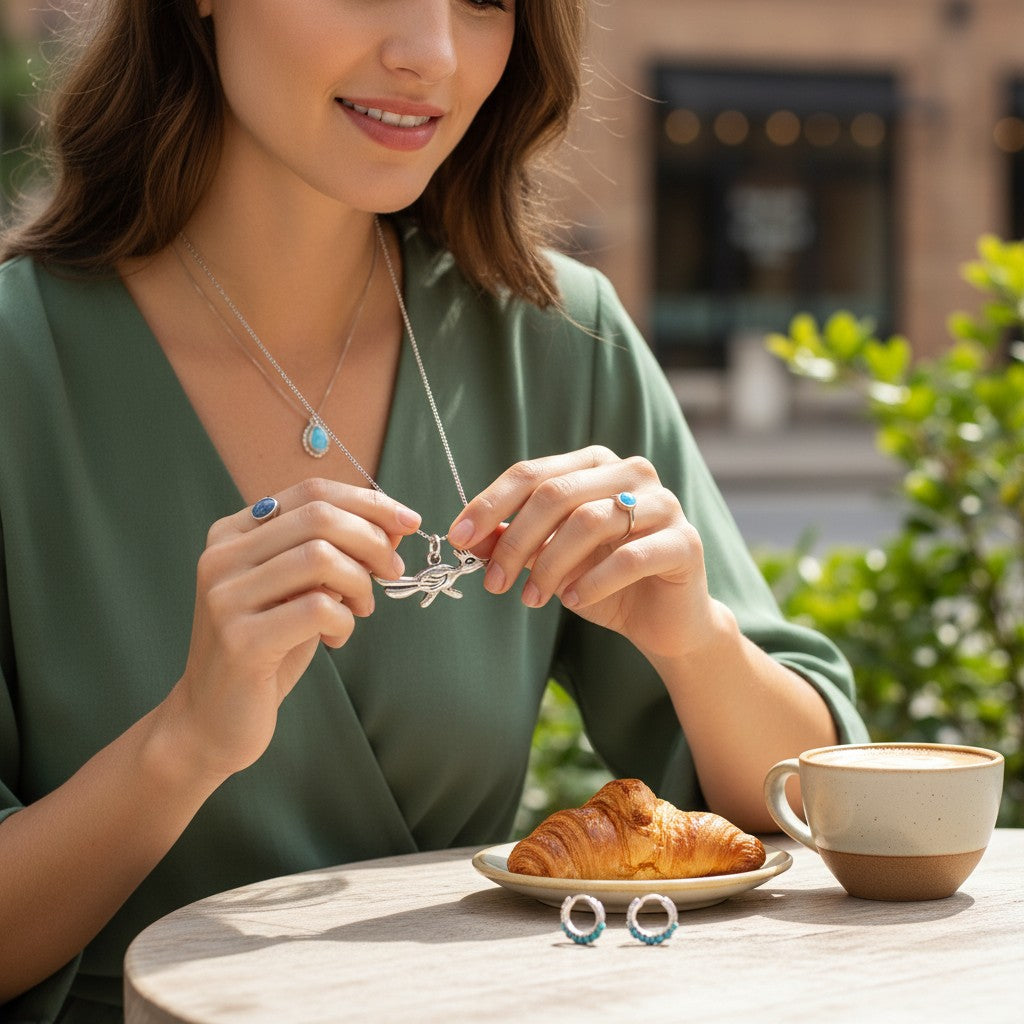 Wildflower Artisans sterling silver roadrunner charm held by a woman wearing a green dress at an outdoor cafe table.