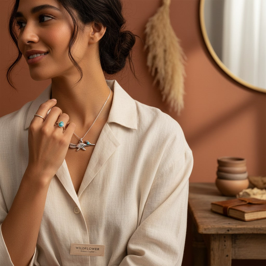 Wildflower Artisans sterling silver roadrunner charm necklace with turquoise eye worn by a woman in a linen shirt