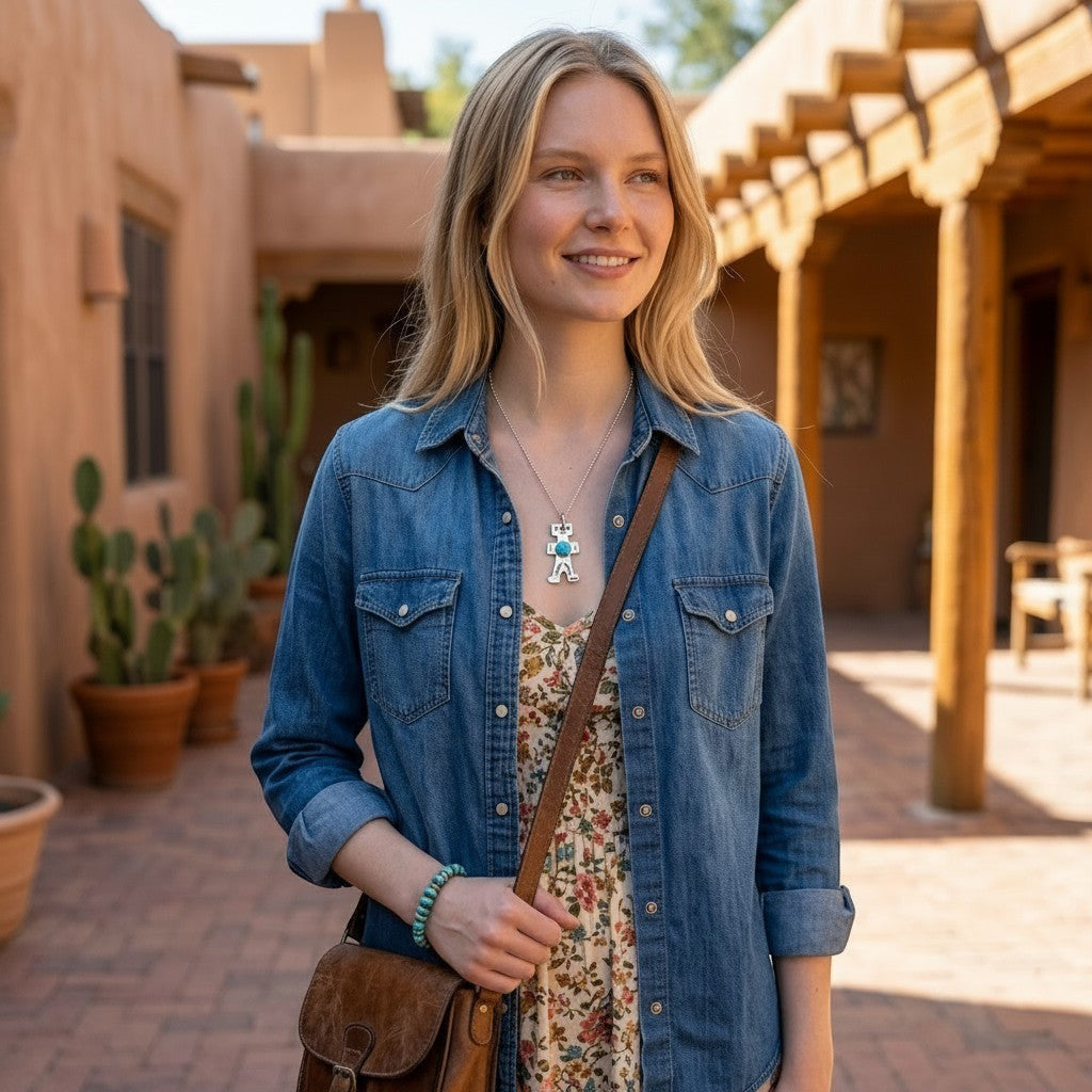 Wildflower Artisans vintage sterling silver figure charm with turquoise stone worn as a necklace by a smiling woman