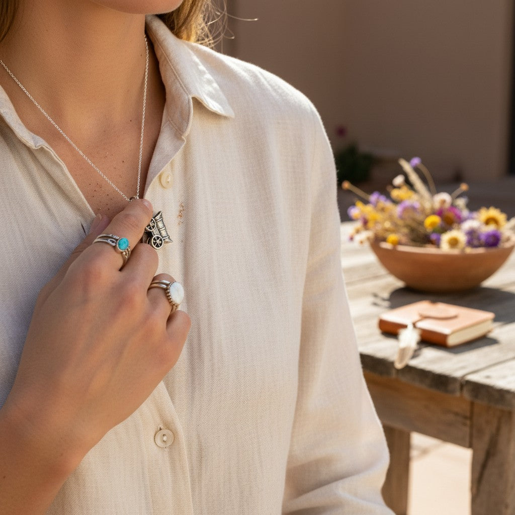 Wildflower Artisans vintage sterling silver covered wagon charm on a necklace worn by a woman in a linen shirt