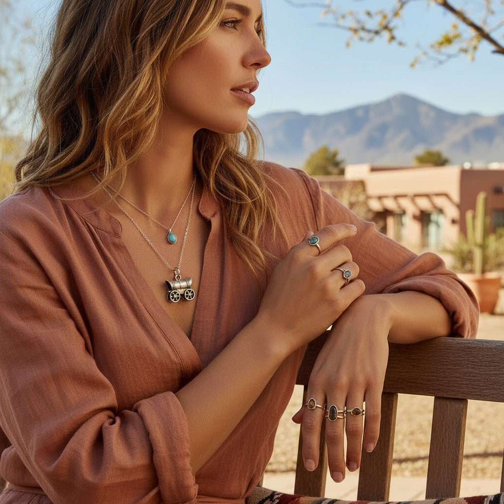 Wildflower Artisans sterling silver covered wagon charm necklace worn by a woman in a desert landscape setting