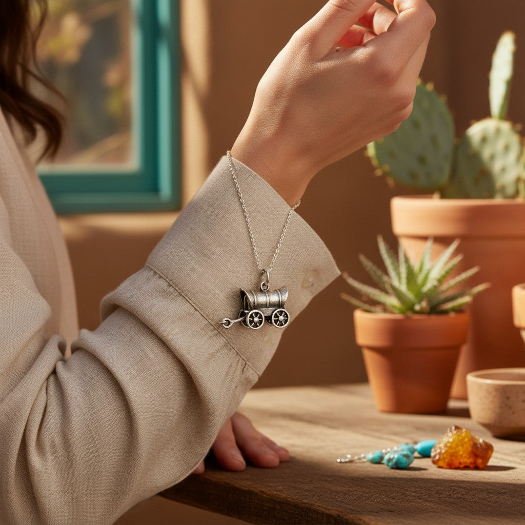 Wildflower Artisans sterling silver covered wagon charm pendant on a delicate chain worn by a woman