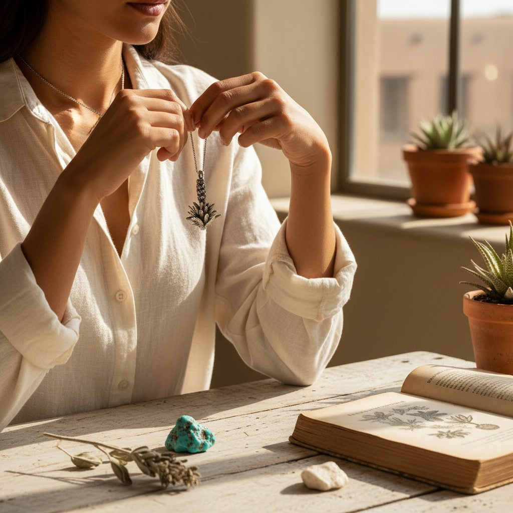 Wildflower Artisans vintage sterling silver yucca flower charm necklace worn by a woman at a rustic wooden table