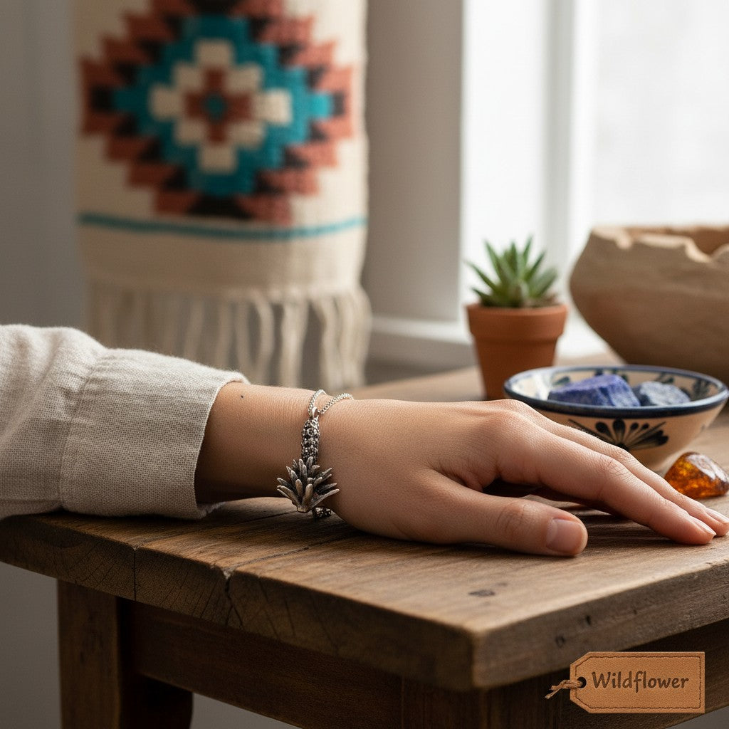 Wildflower Artisans vintage sterling silver yucca flower charm bracelet worn on a wrist at a wooden table.