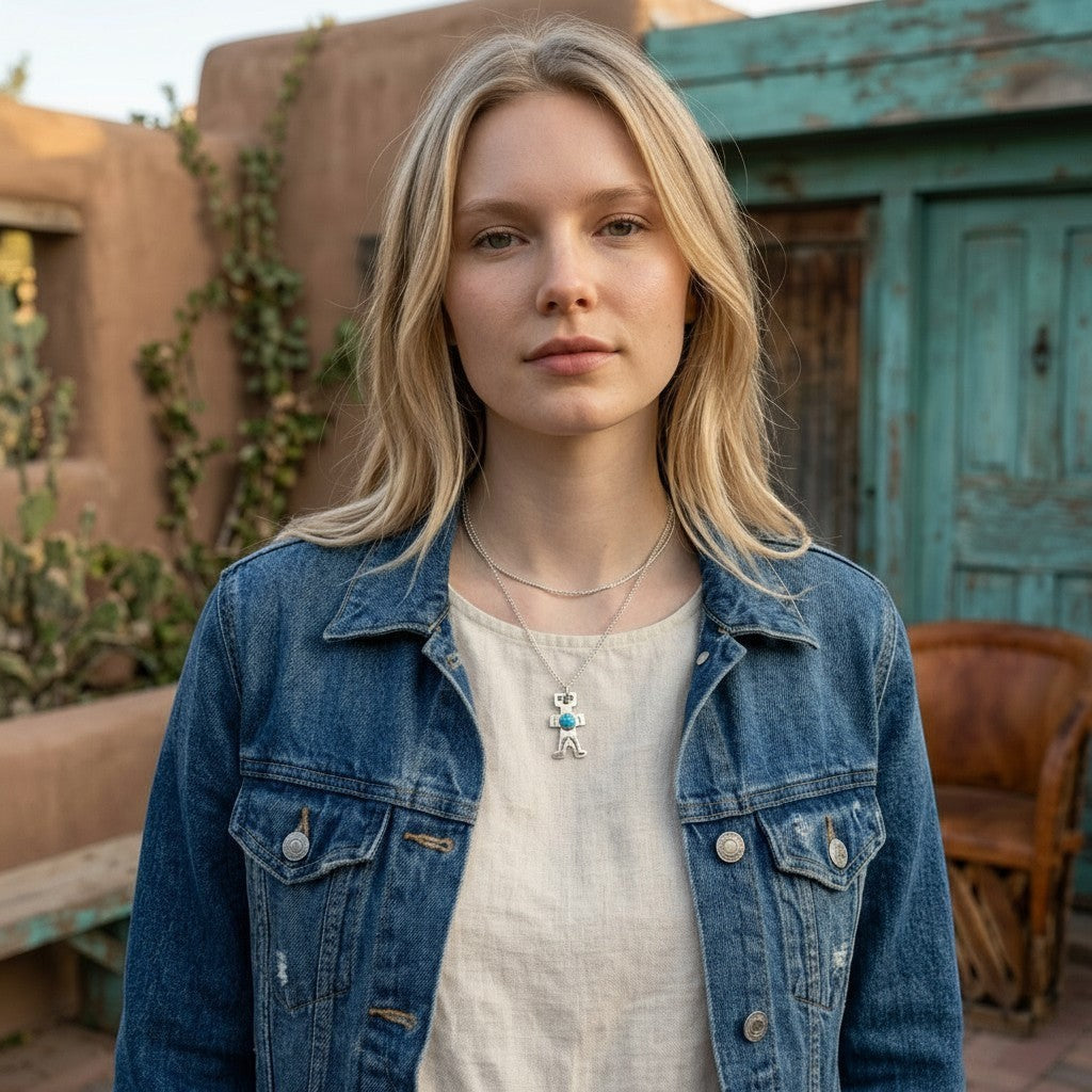 Wildflower Artisans vintage sterling silver figure charm with turquoise cabochon worn as a necklace by a blonde woman.