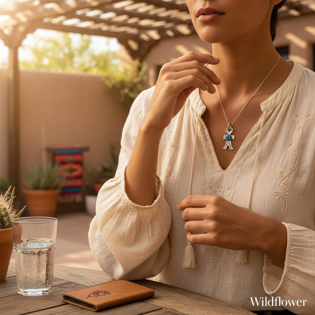 Wildflower Artisans vintage sterling silver figure charm with a turquoise cabochon worn on a necklace by a woman.