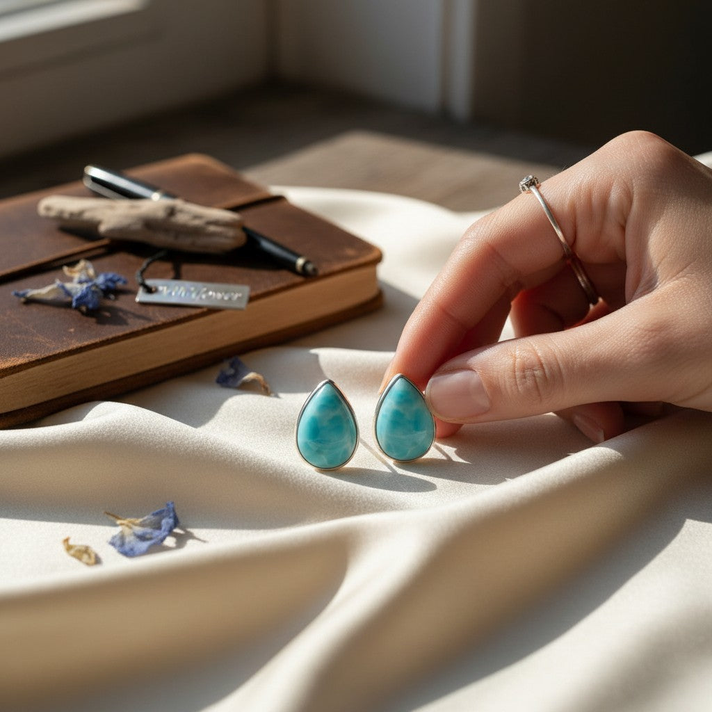 Wildflower Artisans teardrop turquoise stud earrings, 10mm, sterling silver setting. One of a kind.