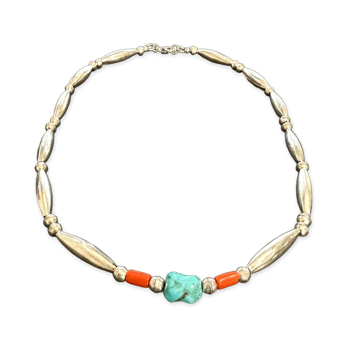 Vintage turquoise and coral sterling silver bead necklace on a white background