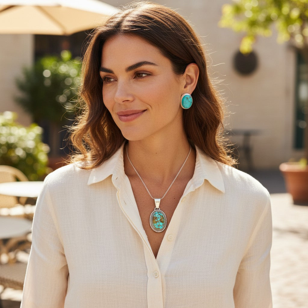 Model wearing Wildflower Artisans Kingman Red Web turquoise pendant and oval stud earrings in sterling silver.