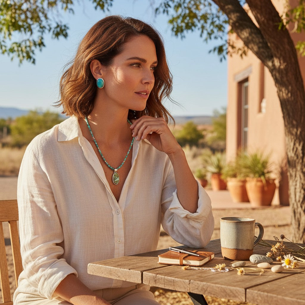 Woman wearing Wildflower Artisans green turquoise pendant and oval stud earrings in sterling silver, Southwest style.