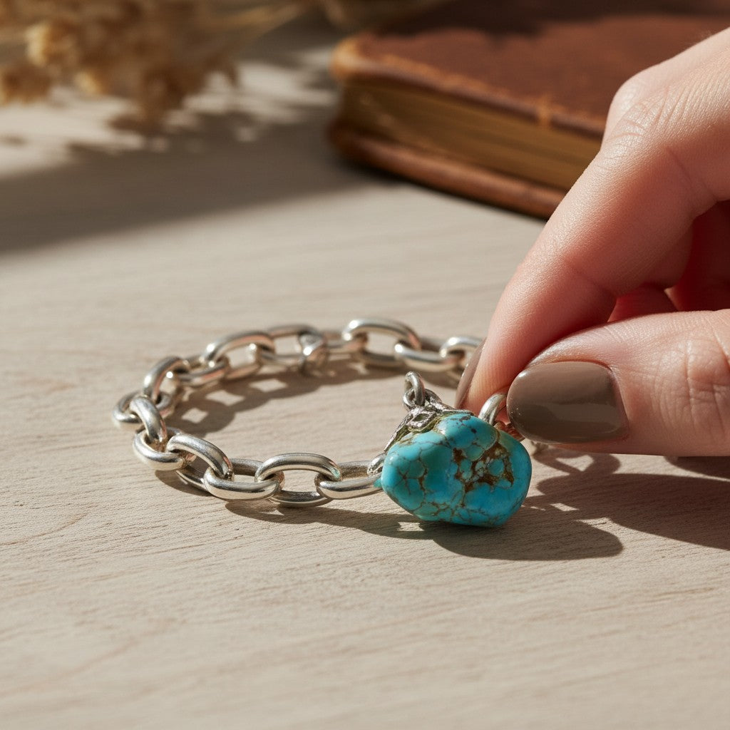 Wildflower Artisans vintage turquoise nugget pendant with spiderweb matrix on a sterling silver chain held by a hand