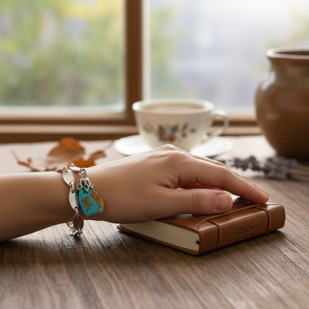 Wildflower Artisans vintage turquoise nugget pendant on a sterling silver chain worn on a wrist near a window.