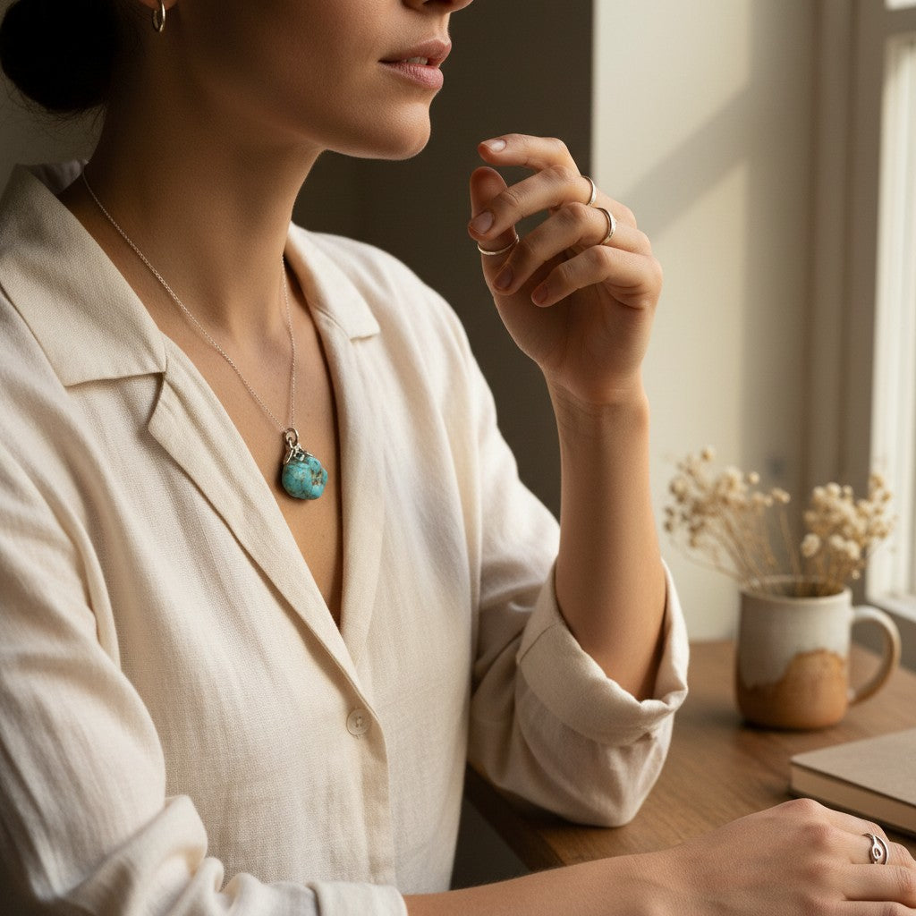 Wildflower Artisans vintage turquoise nugget pendant with spiderweb matrix in sterling silver worn by a woman
