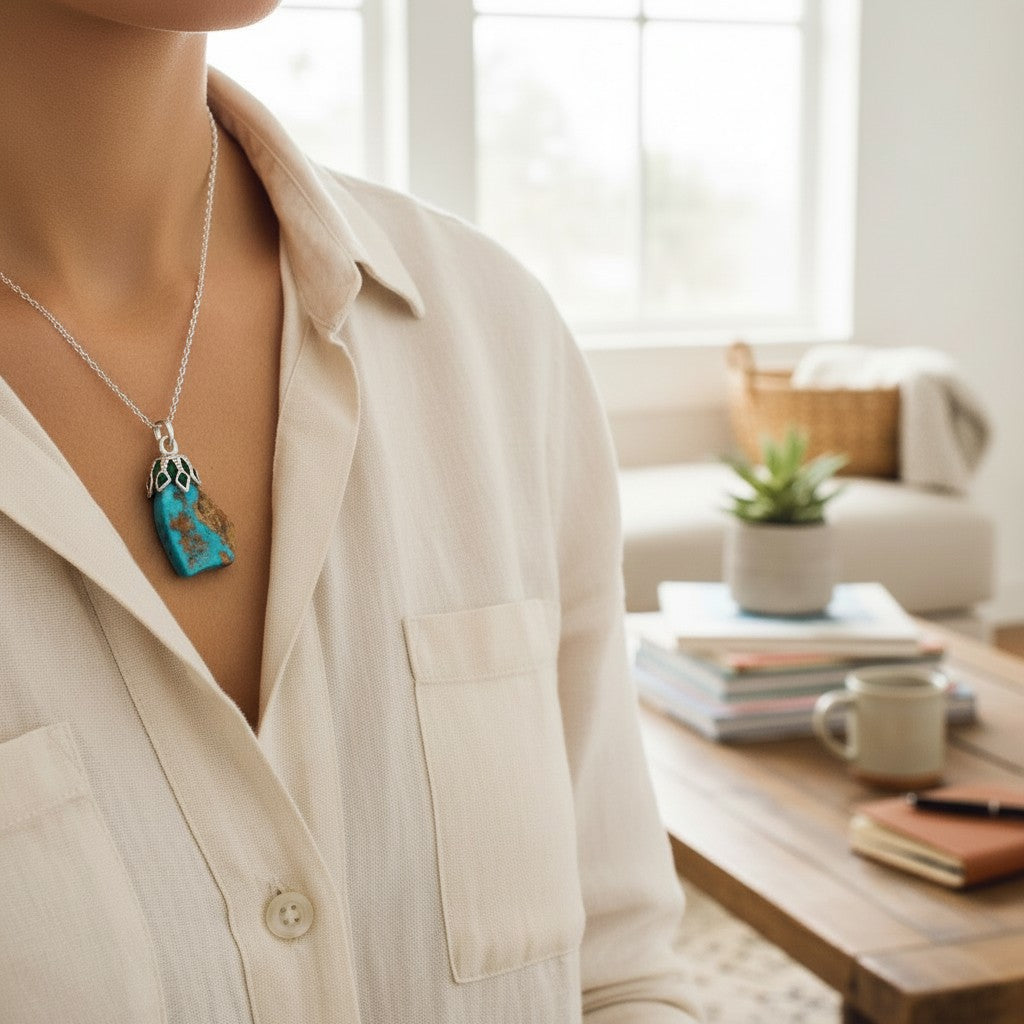 Wildflower Artisans vintage turquoise nugget pendant with brown matrix in sterling silver worn on a silver chain