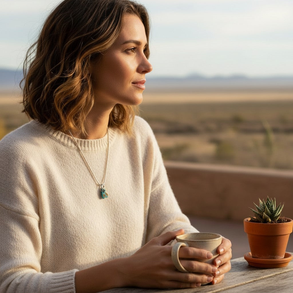Wildflower Artisans vintage turquoise nugget pendant on a woman wearing a cream sweater in a desert setting