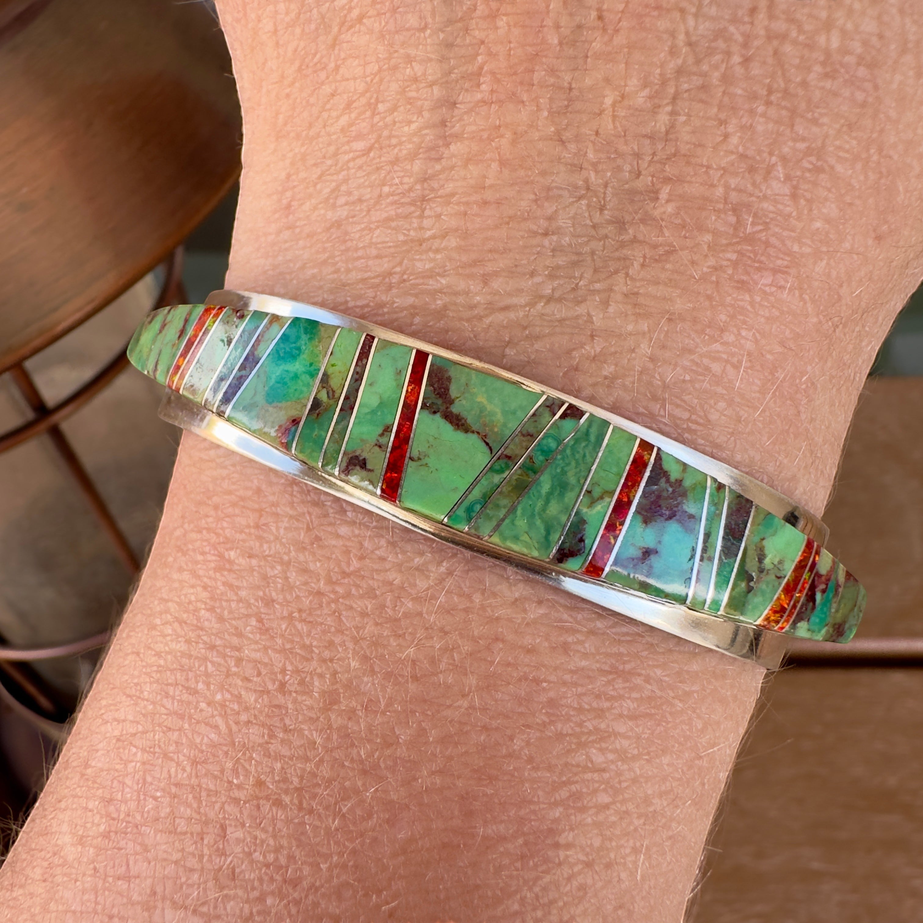 Sonoran Rose Turquoise メキシカンシルバーバングル Sonoran Mountain Turquoise and Red Opal Inlay Cuff – Wildflower
