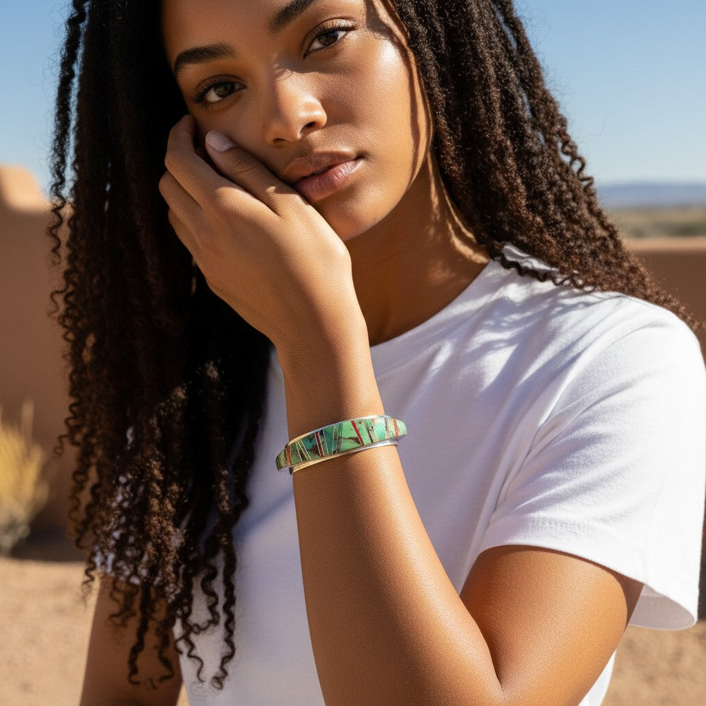 Wildflower Artisans sterling silver cuff with Sonoran Mountain turquoise and red opal channel inlay on a woman's wrist.