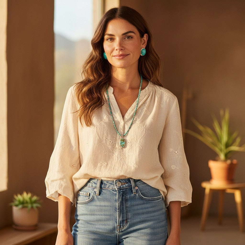 Model wearing Wildflower Artisans sterling silver green turquoise pendant and oval stud earring set in a desert home.
