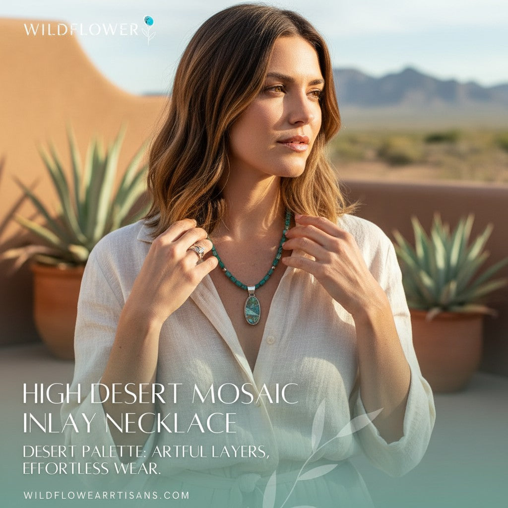 Model wearing Wildflower Artisans green turquoise inlay pendant and stud earrings in a Southwest desert setting.