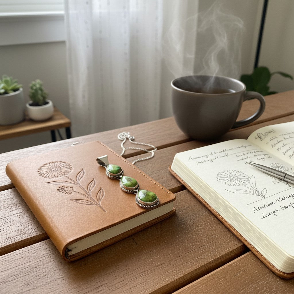 Wildflower Artisans triple teardrop Sonoran Mountain turquoise pendant in sterling silver on a brown leather journal
