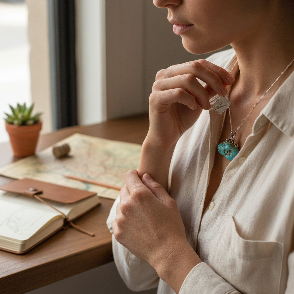Wildflower Artisans vintage Maisel's spiderweb turquoise nugget pendant in sterling silver worn by a woman