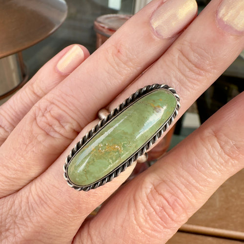 Wildflower Artisans long oval Sonoran Mountain turquoise ring in sterling silver with twisted rope bezel detail